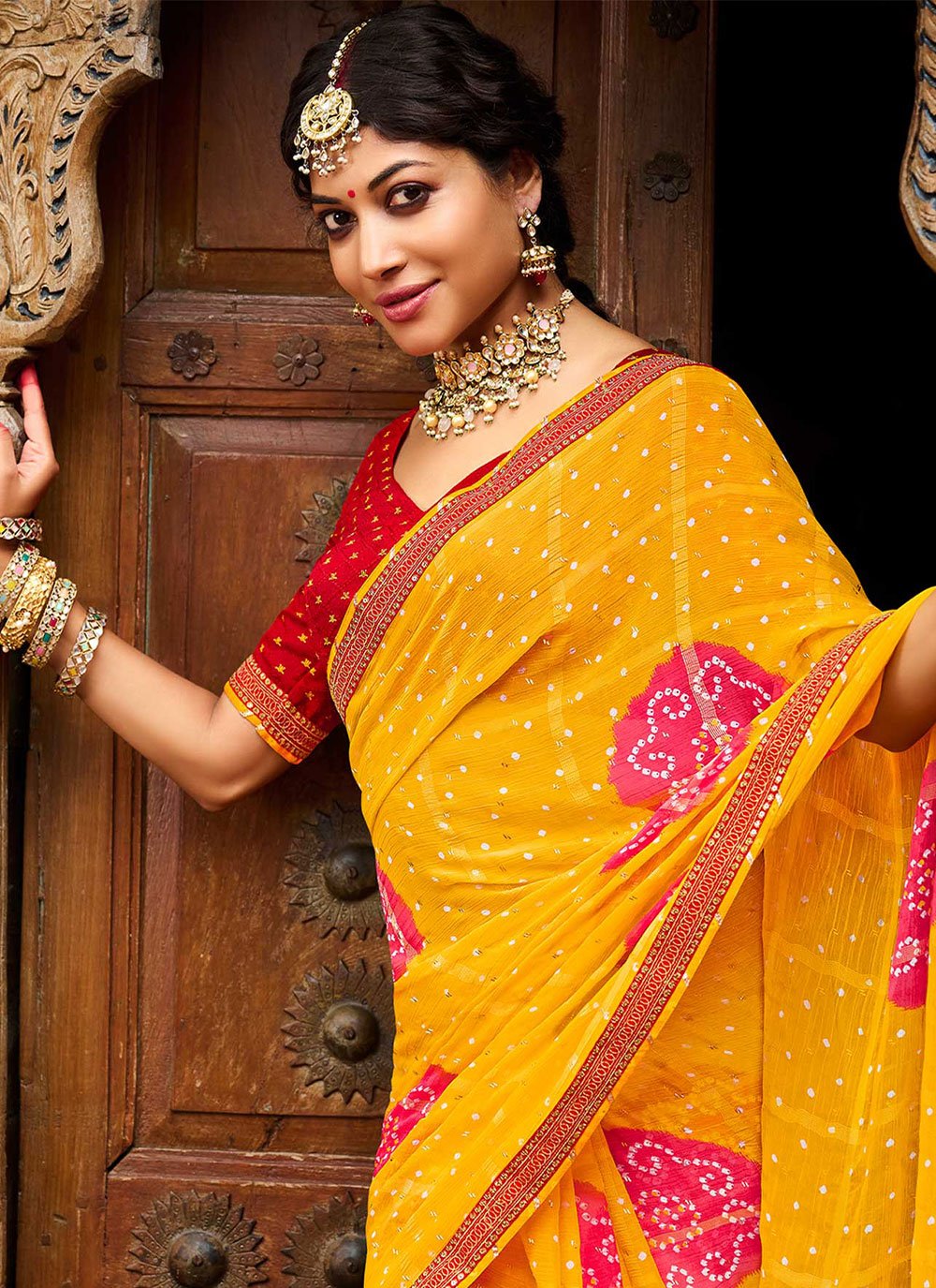 Classic Chiffon Yellow Bandhej Saree