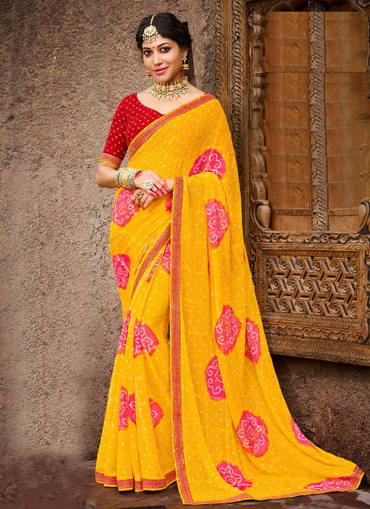 Classic Chiffon Yellow Bandhej Saree