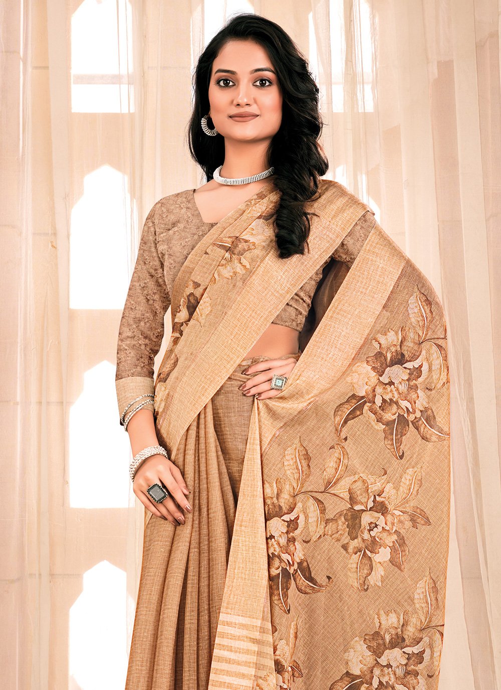 Classic Chiffon Beige Fancy Work Saree