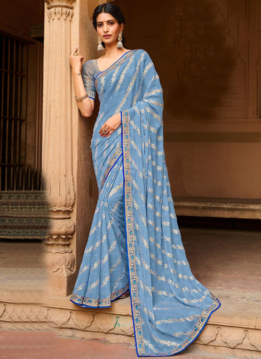 Classic Chiffon Blue Foil Print Saree