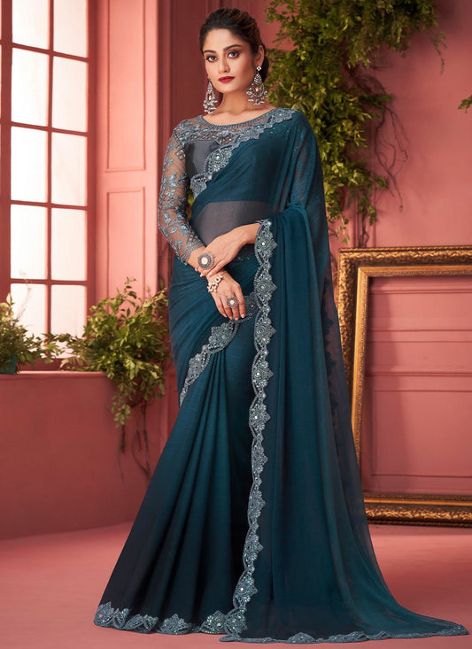 Classic Chiffon Blue Lace Saree