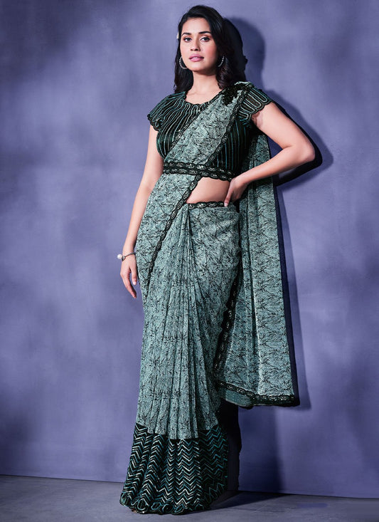 Classic Chiffon Lycra Blue Sequins Saree