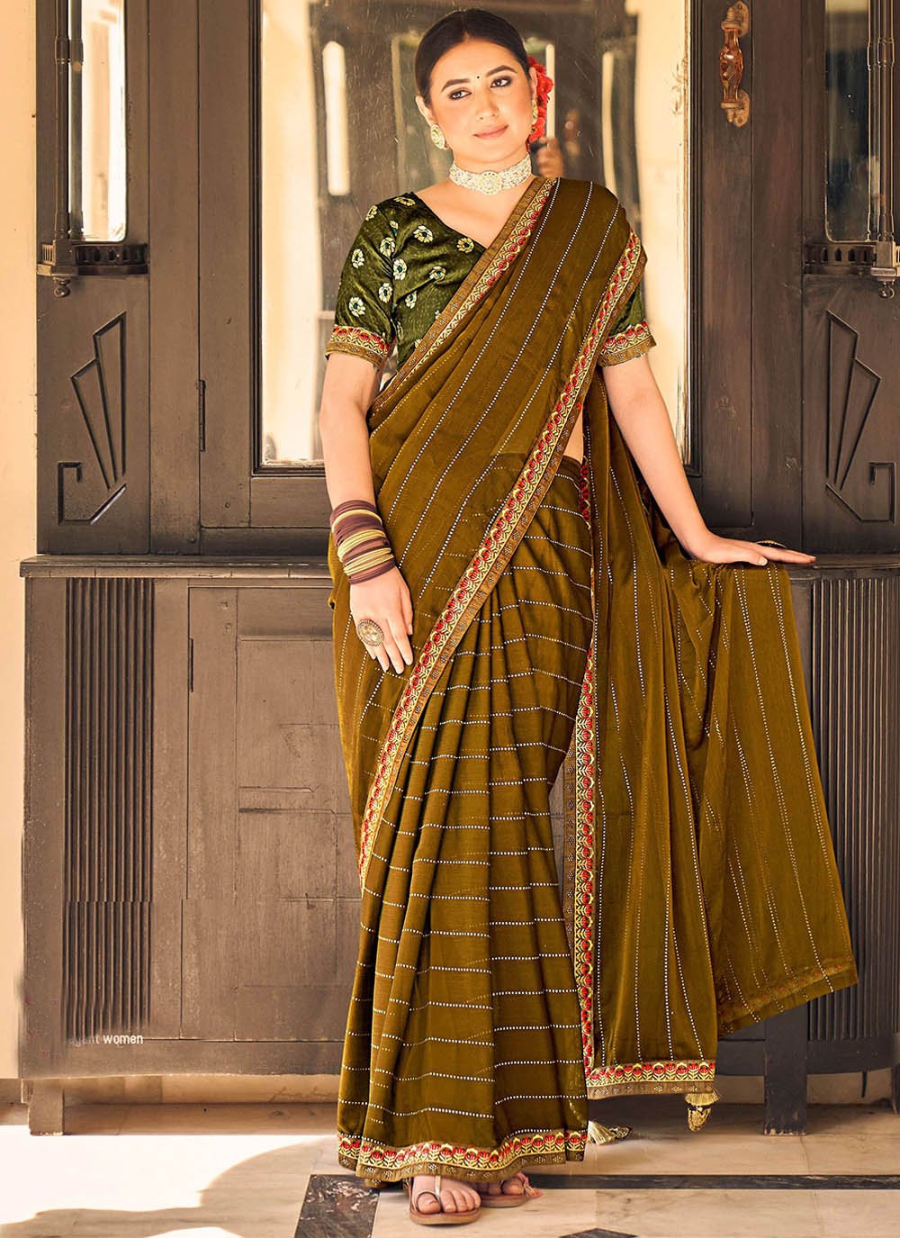 Classic Chiffon Green Embroidered Saree