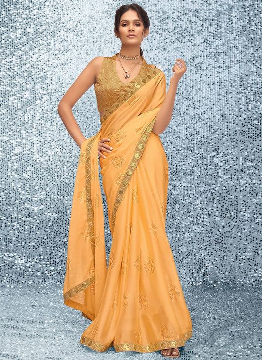 Classic Chiffon Orange Embroidered Saree