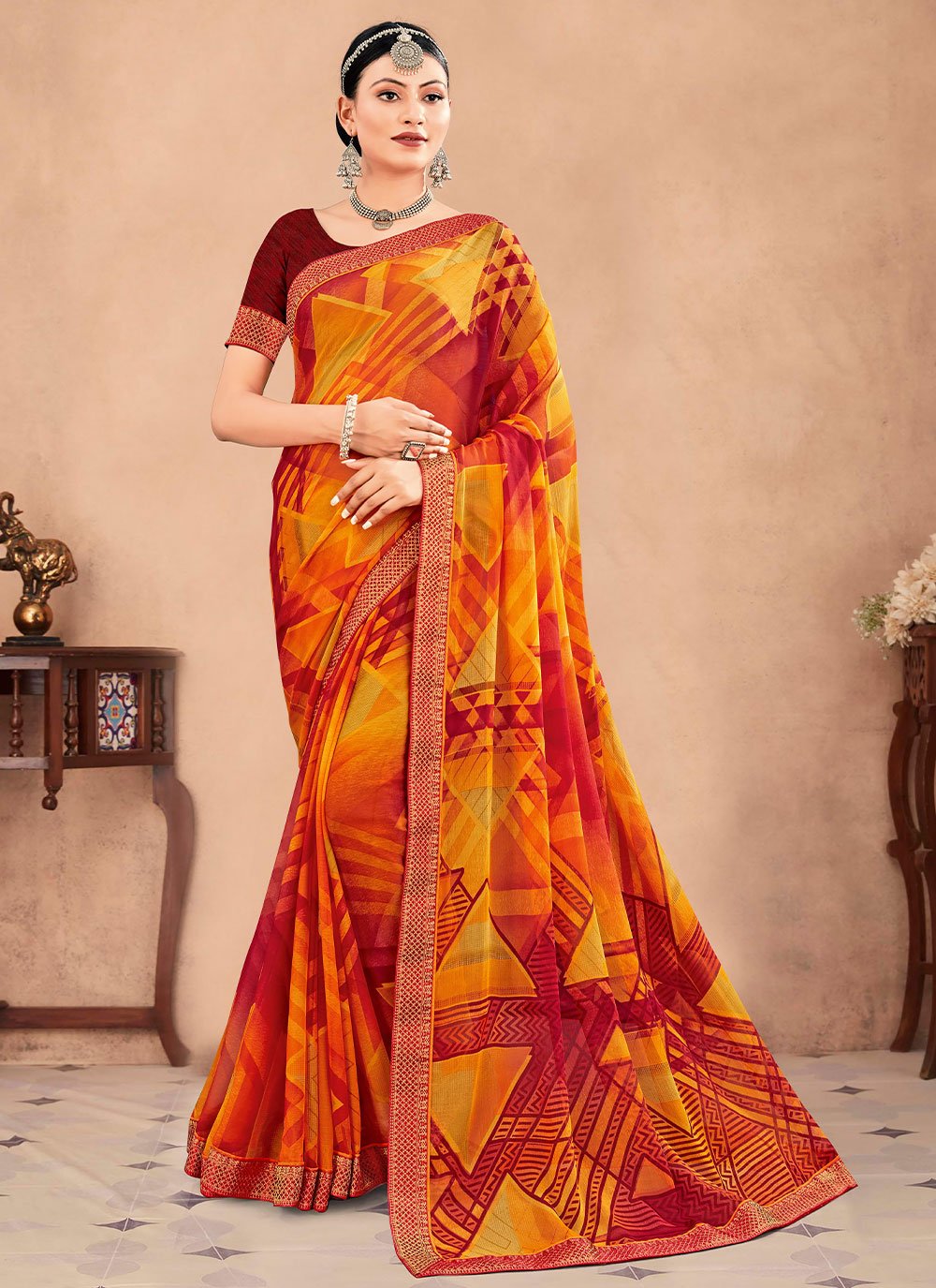 Classic Chiffon Orange Patch Border Saree