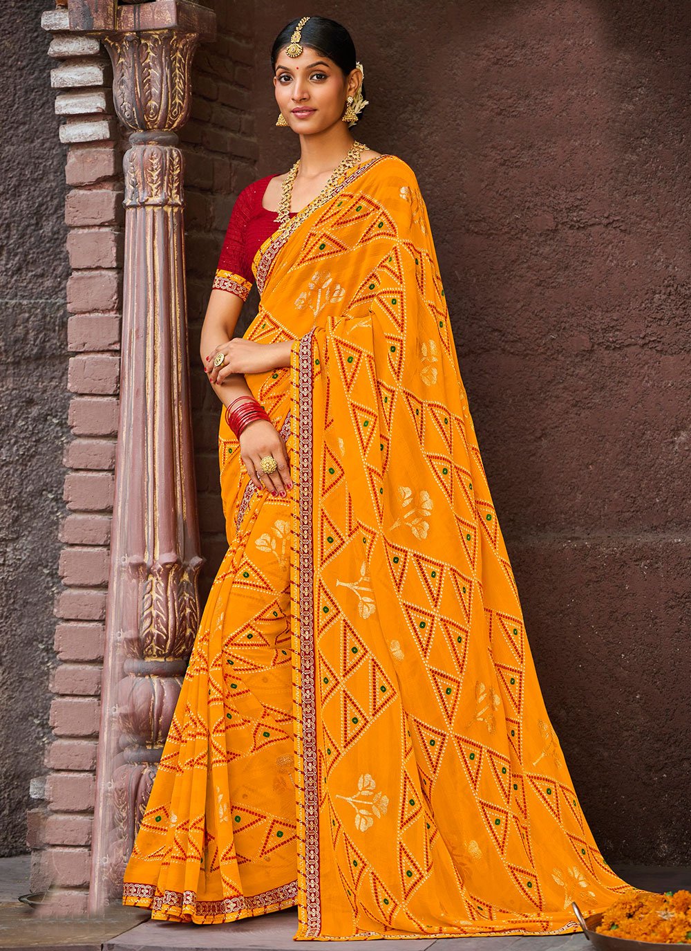 Traditional Saree Chiffon Mustard Fancy Work Saree