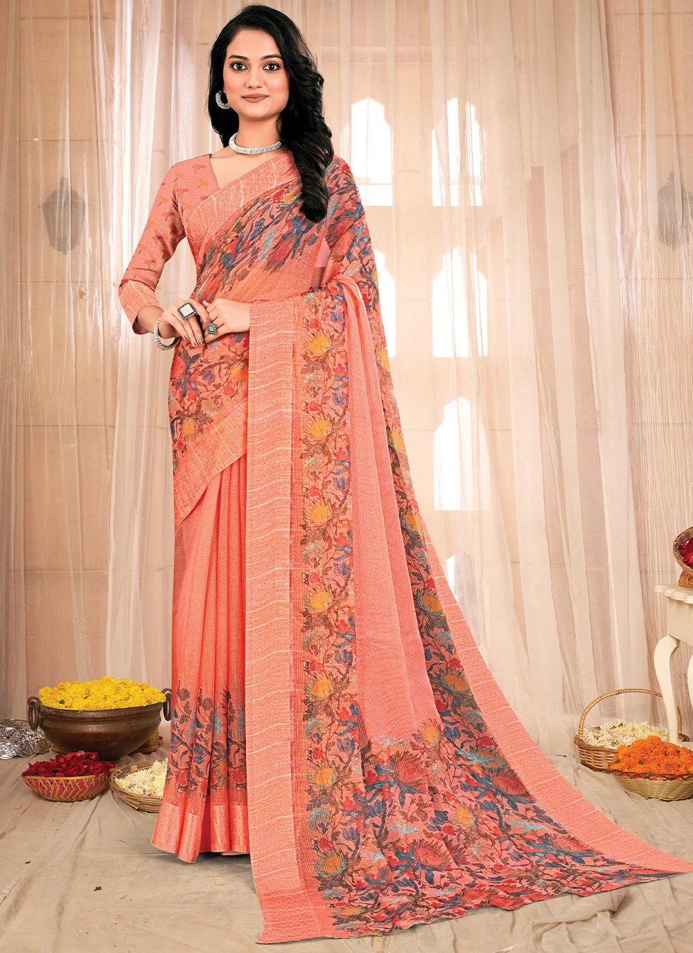 Trendy Saree Chiffon Orange Fancy Work Saree