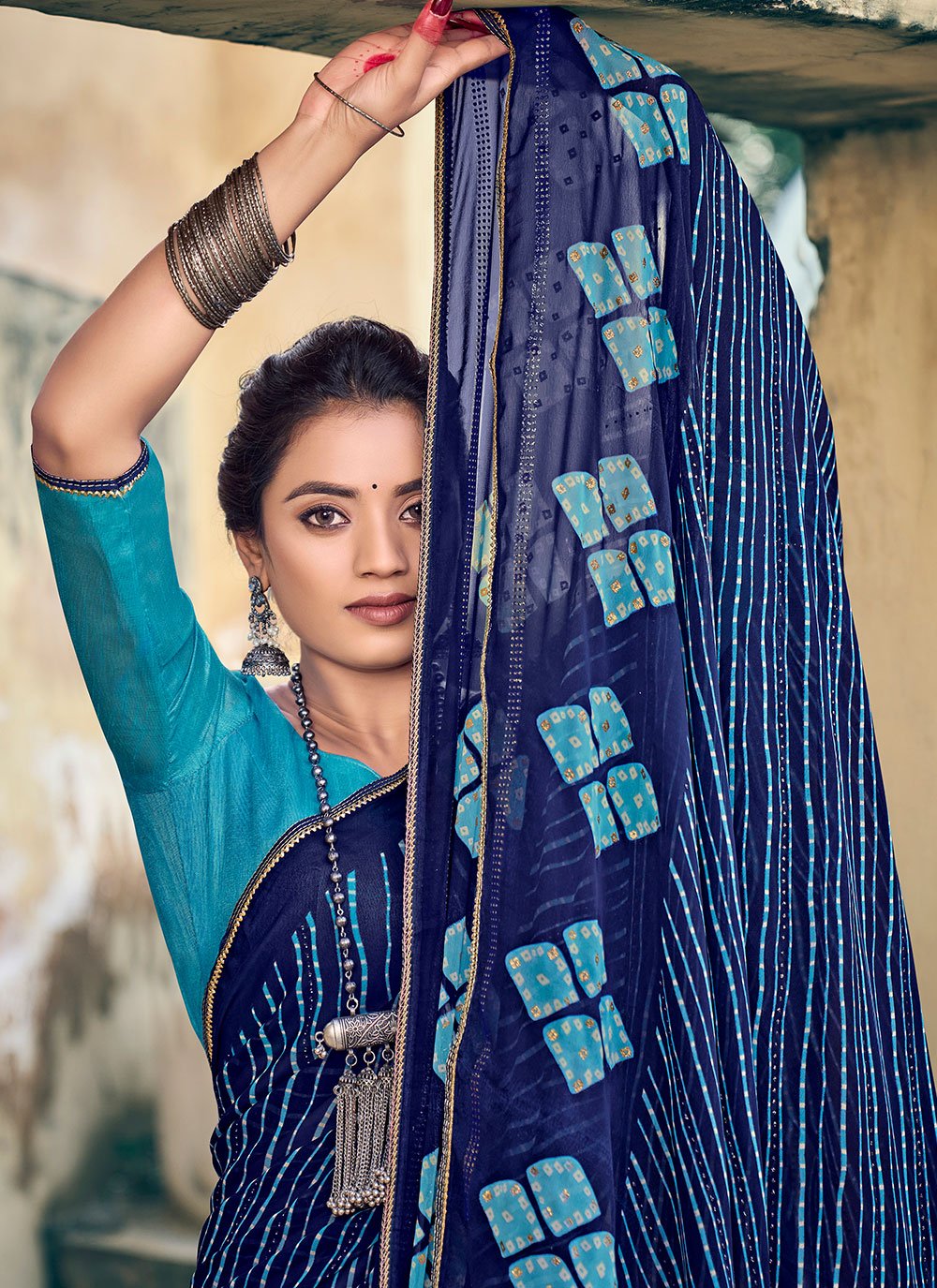 Contemporary Chiffon Blue Foil Print Saree