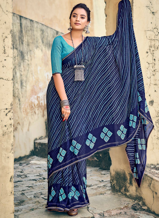 Contemporary Chiffon Blue Foil Print Saree