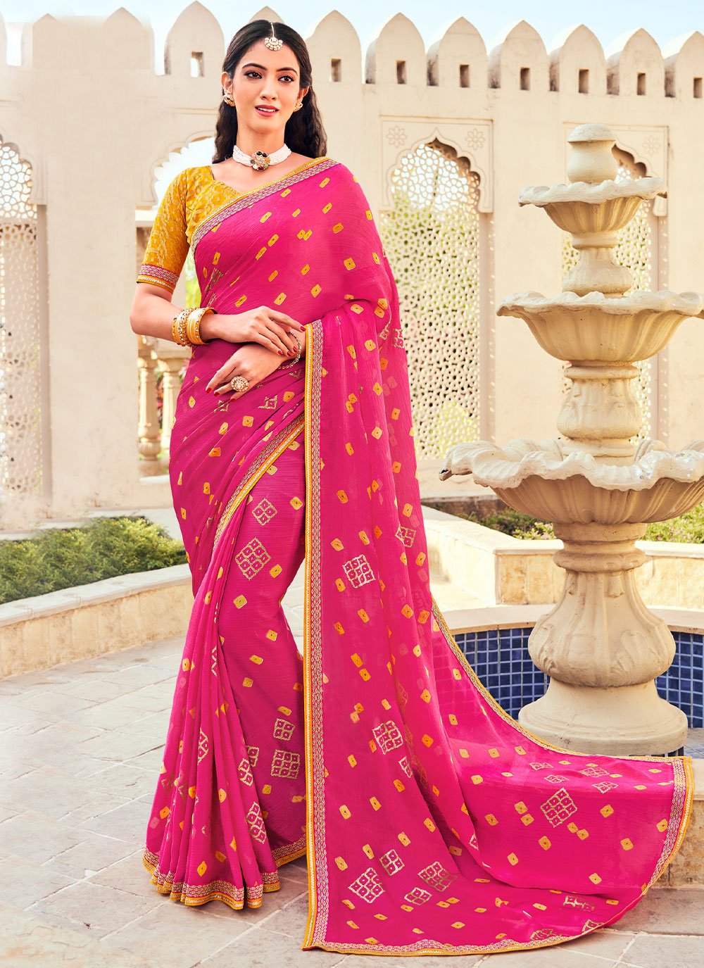 Classic Chiffon Hot Pink Bandhej Saree