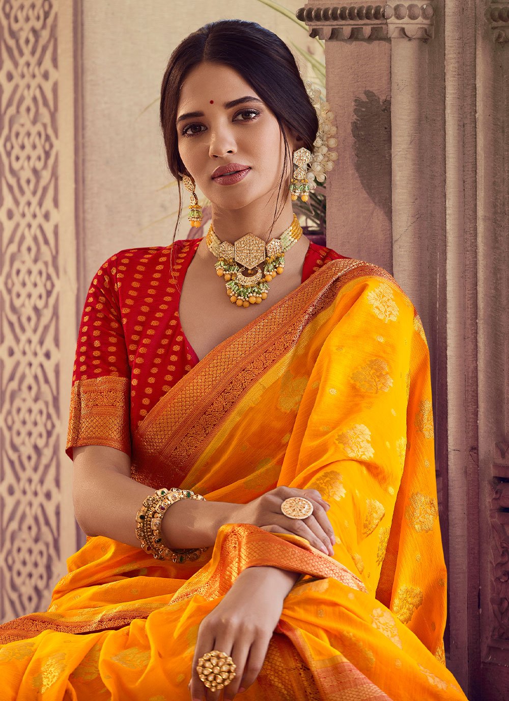 Classic Chiffon Silk Yellow Weaving Saree