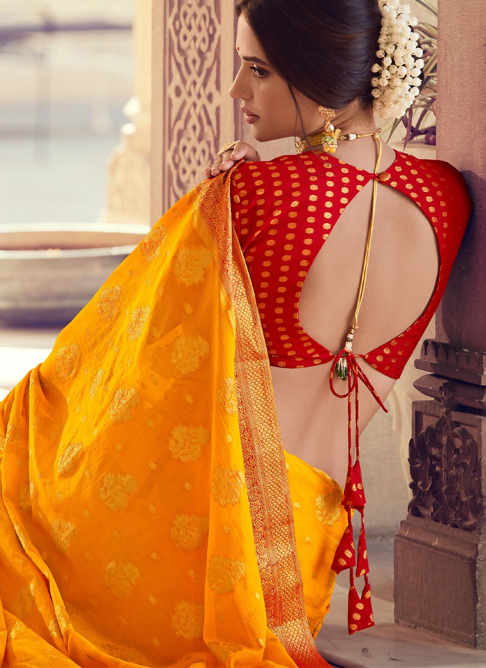 Classic Chiffon Silk Yellow Weaving Saree