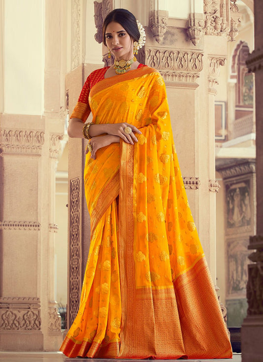 Classic Chiffon Silk Yellow Weaving Saree