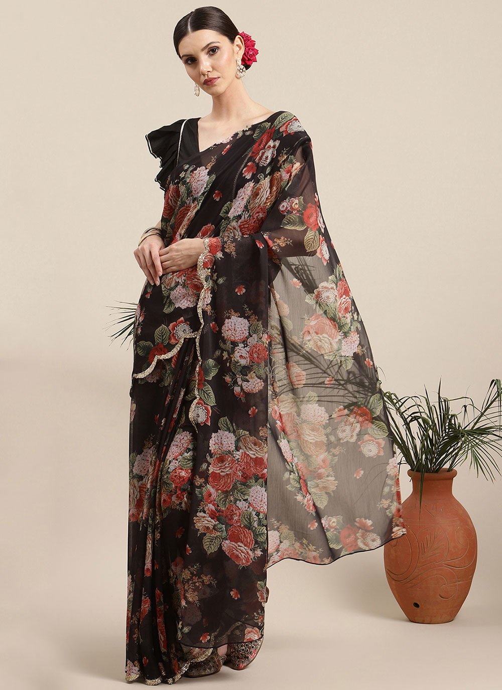 Classic Chiffon Black Digital Print Saree