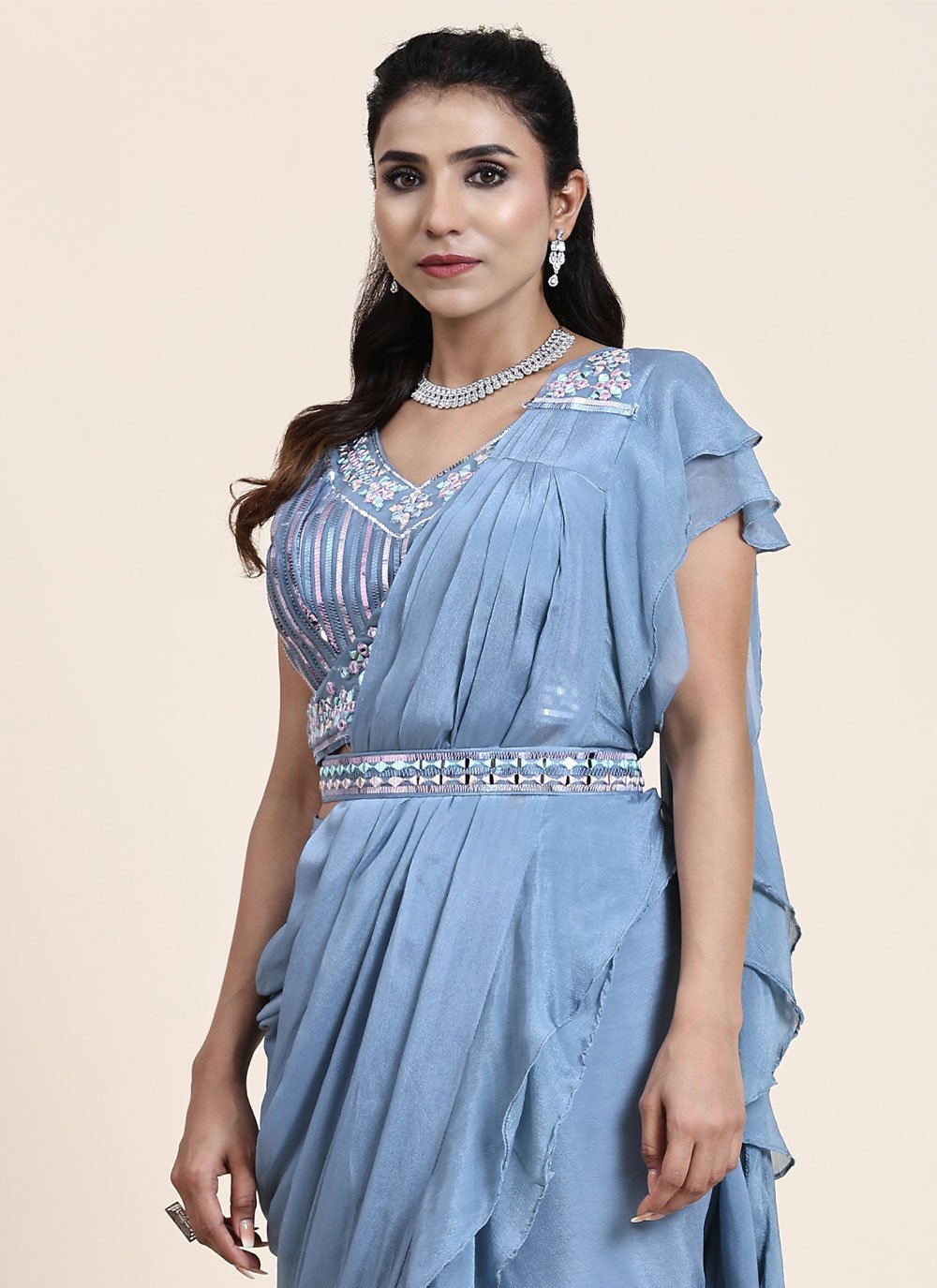 Classic Chiffon Blue Mirror Saree