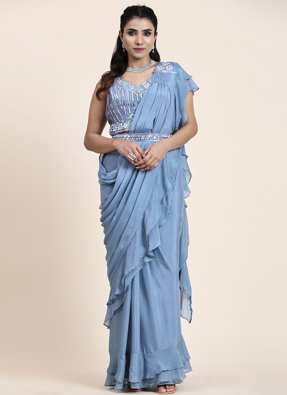 Classic Chiffon Blue Mirror Saree