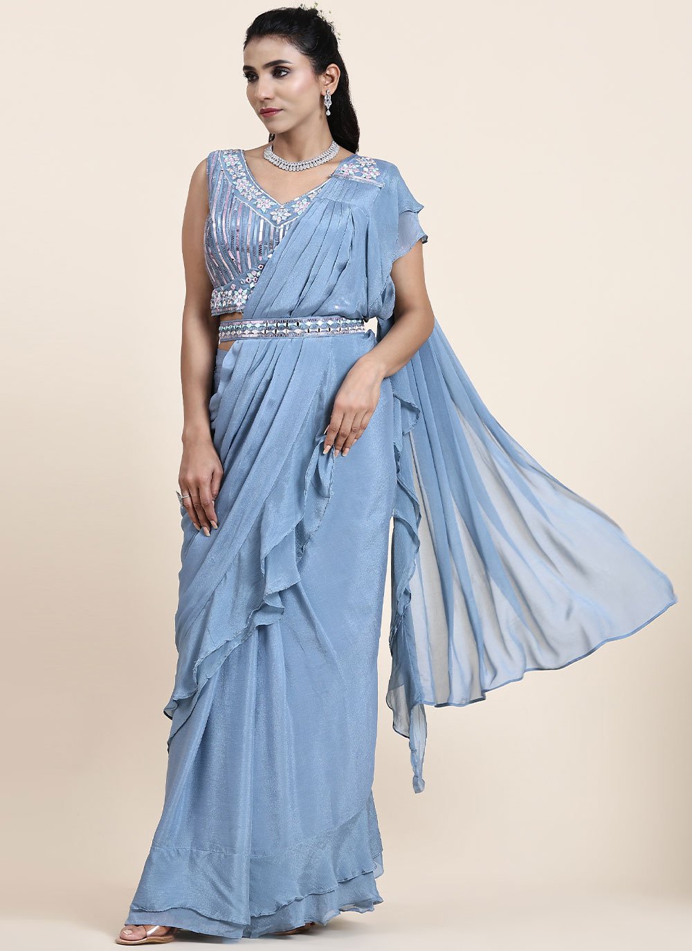 Classic Chiffon Blue Mirror Saree