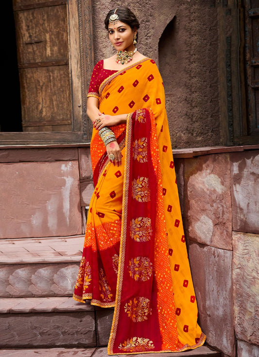 Classic Chiffon Orange Bandhej Saree