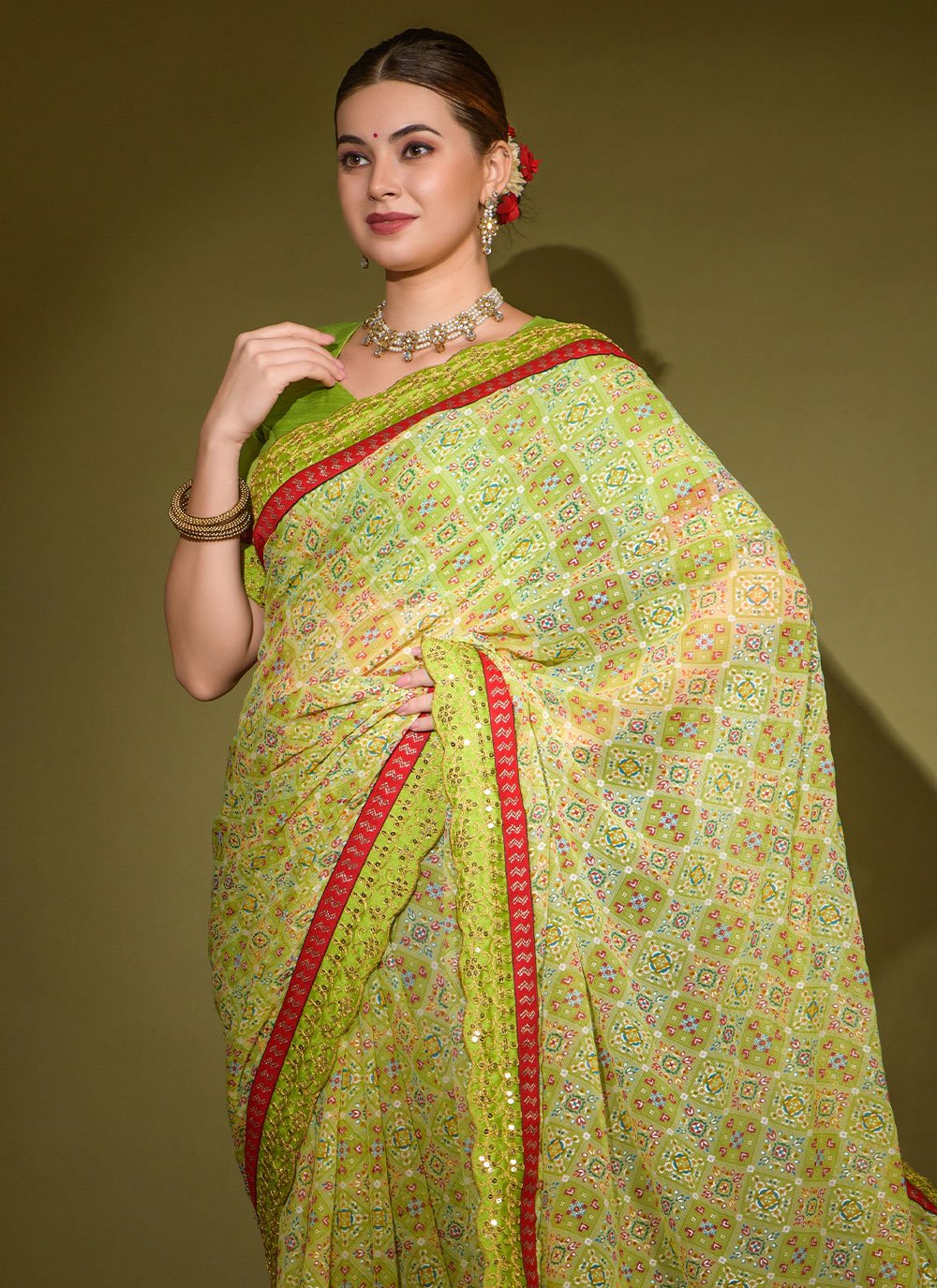 Classic Chiffon Sea Green Lace Saree