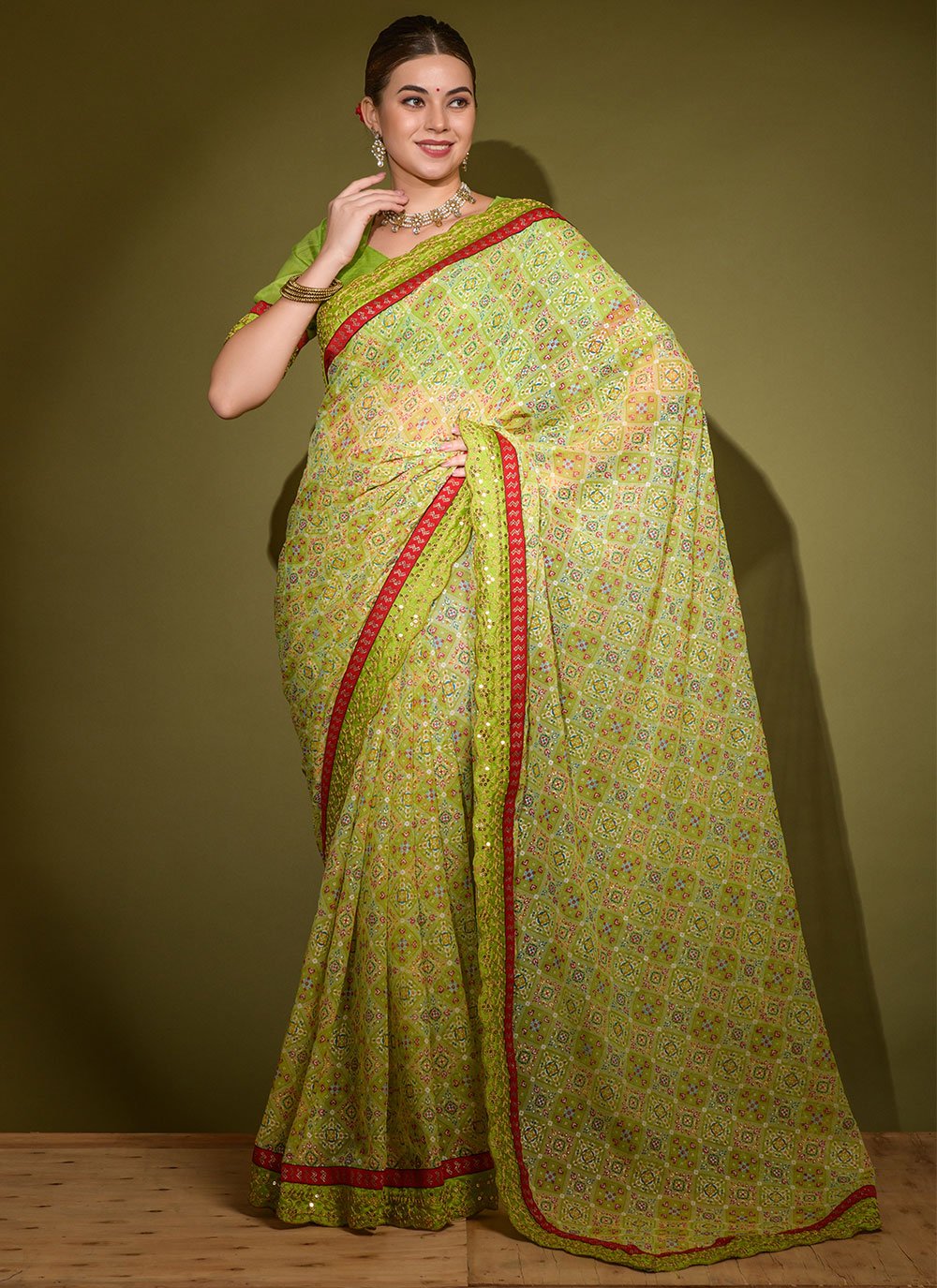 Classic Chiffon Sea Green Lace Saree