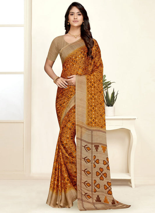 Contemporary Chiffon Mustard Print Saree