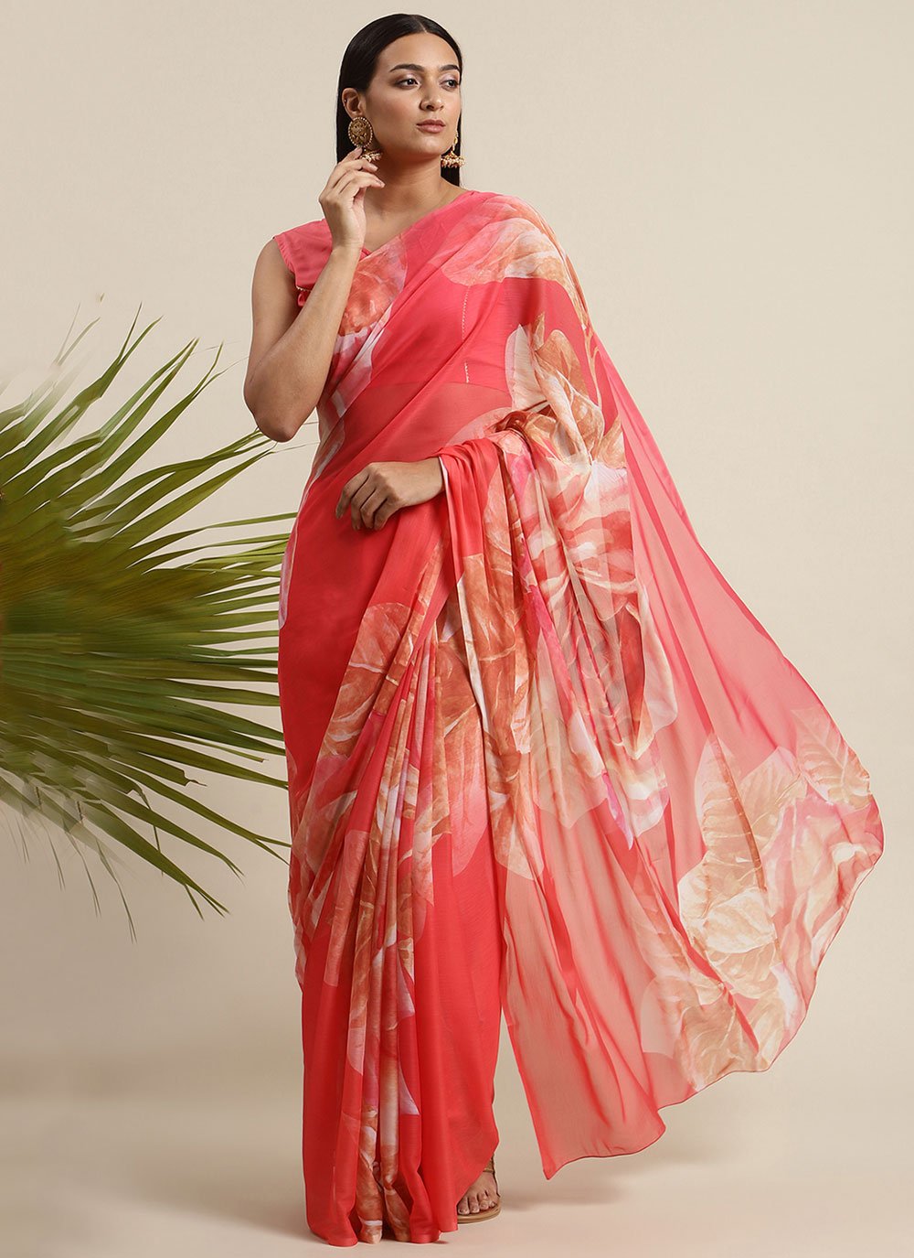 Contemporary Chiffon Orange Digital Print Saree