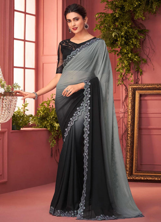 Contemporary Chiffon Black Grey Lace Saree