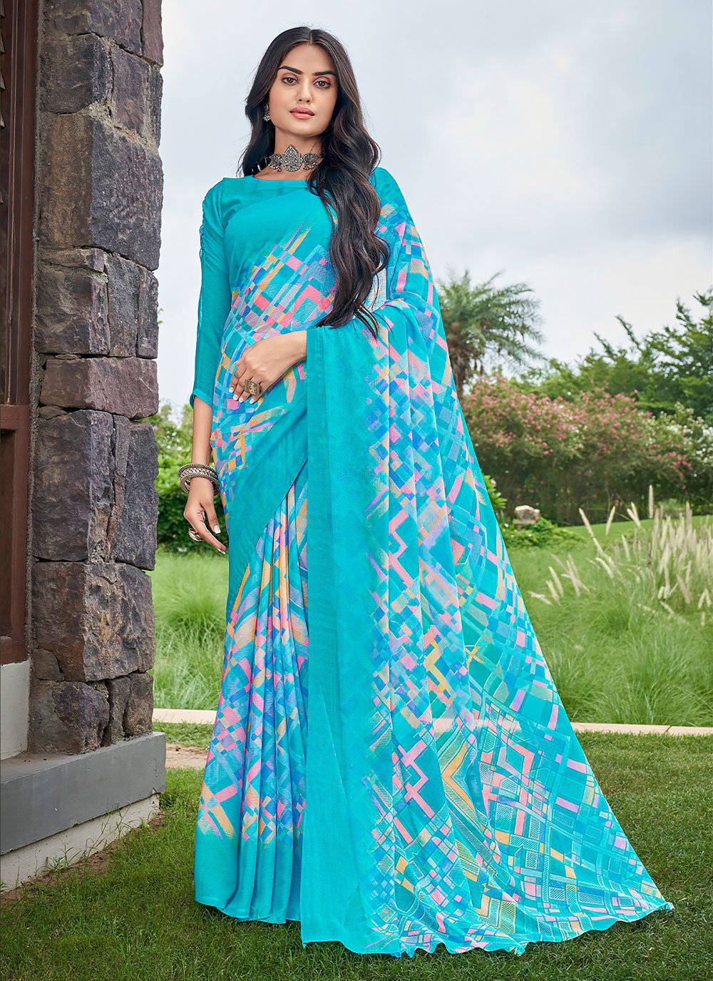 Contemporary Chiffon Aqua Blue Print Saree