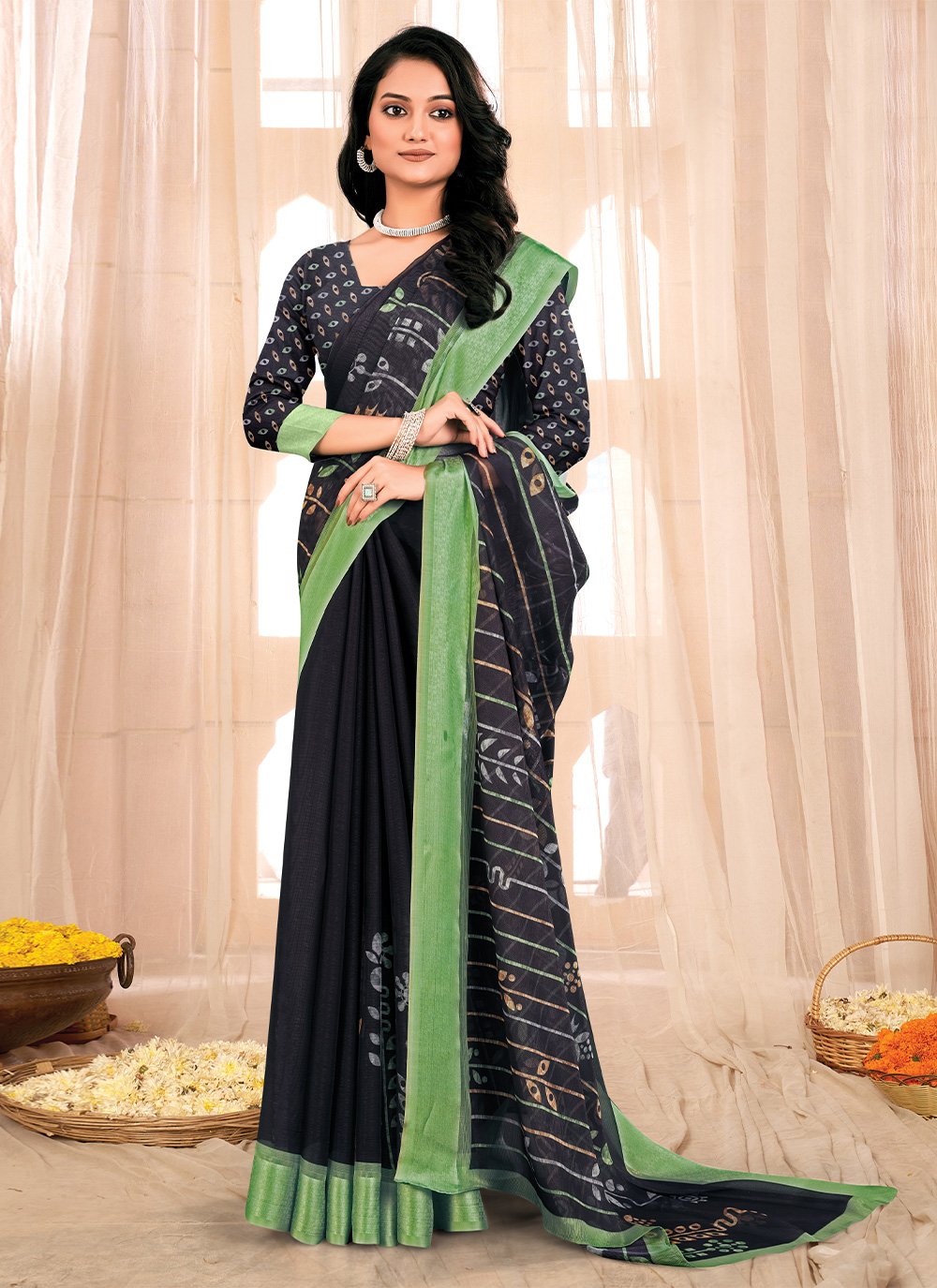 Contemporary Chiffon Black Fancy Work Saree