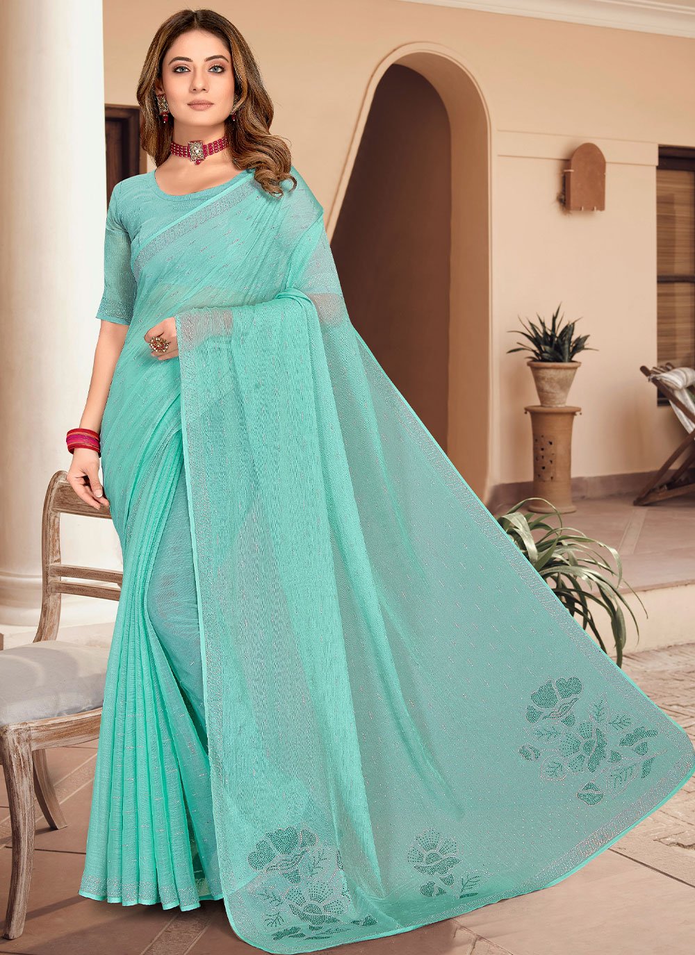 Contemporary Chiffon Aqua Blue Stone Saree