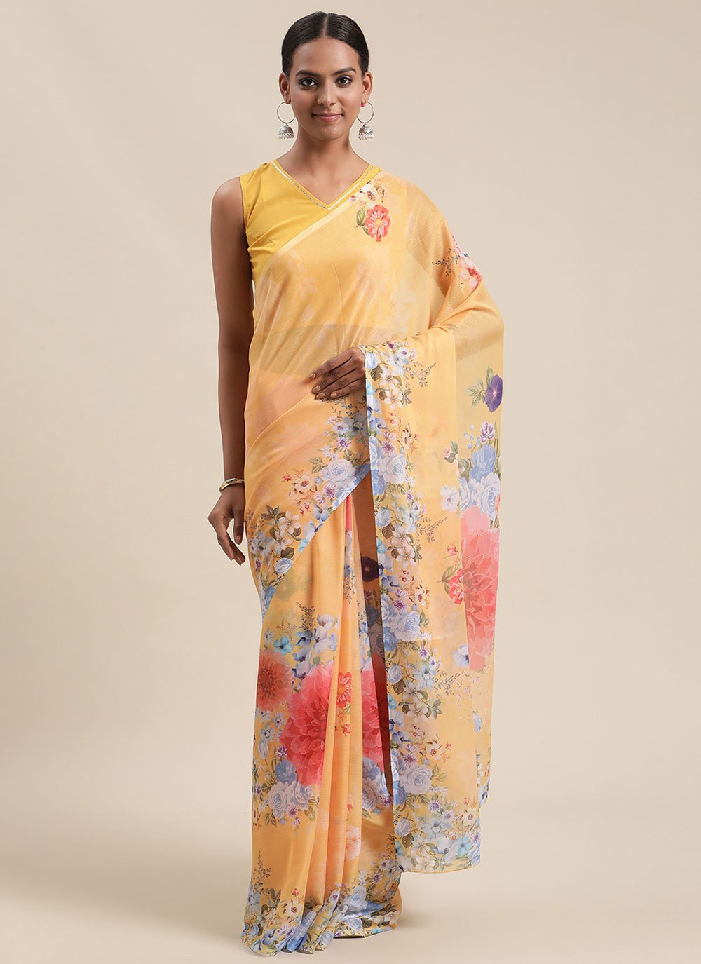 Contemporary Chiffon Yellow Digital Print Saree