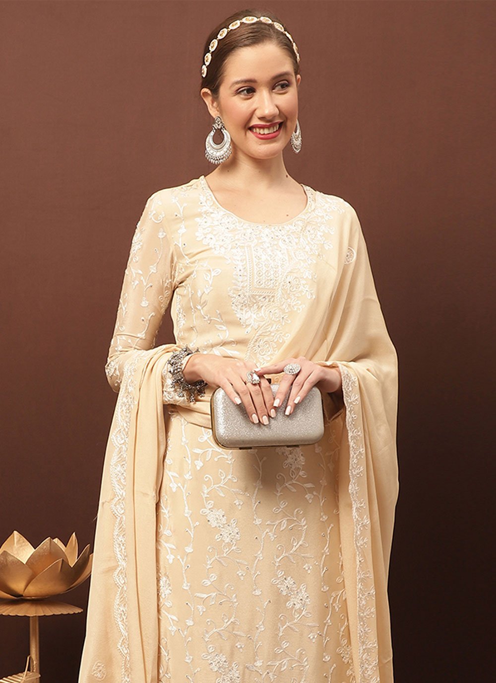 Pakistani Salwar Suit Chiffon Chinon Cream Crystals Salwar Kameez