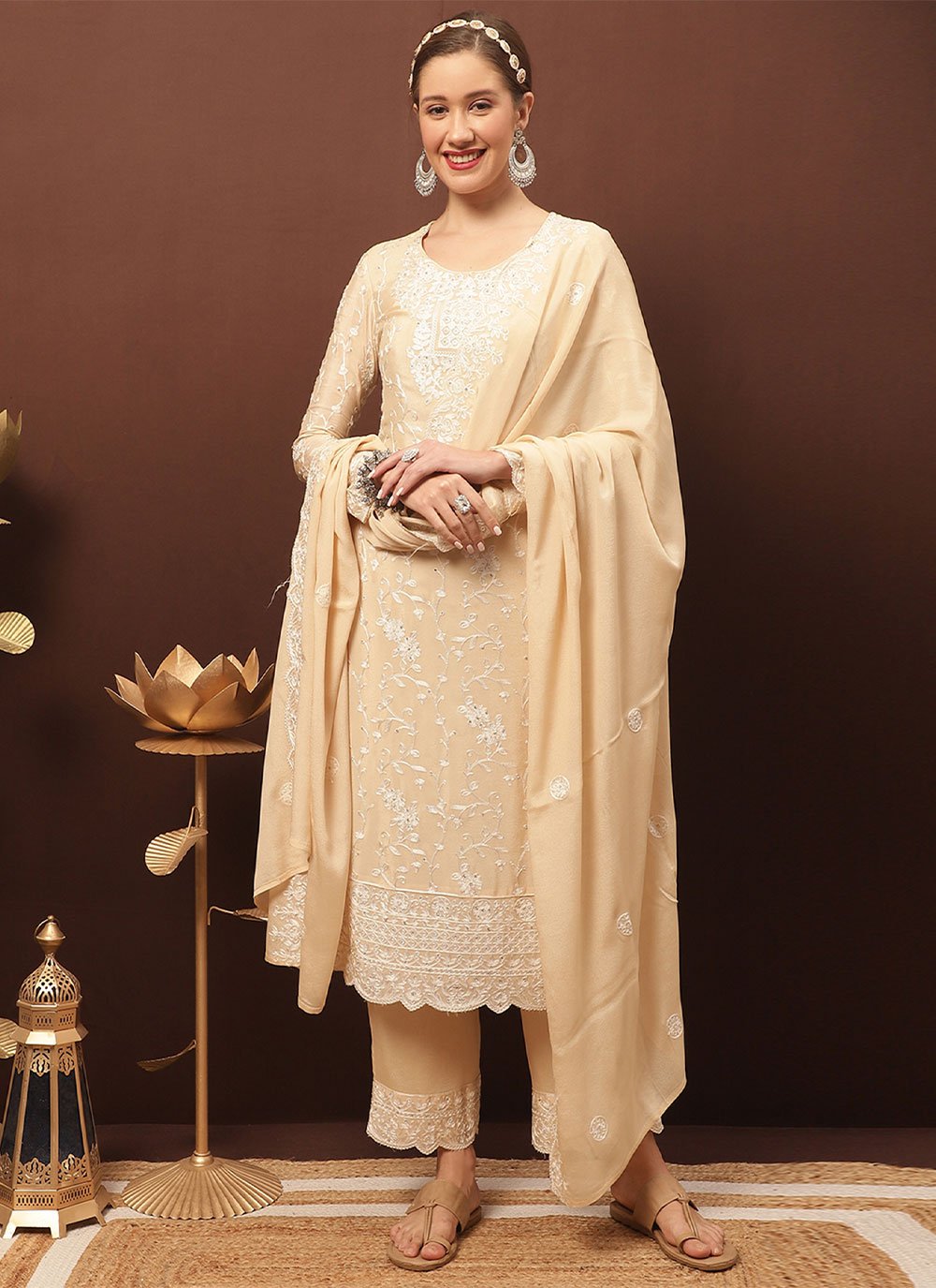 Pakistani Salwar Suit Chiffon Chinon Cream Crystals Salwar Kameez