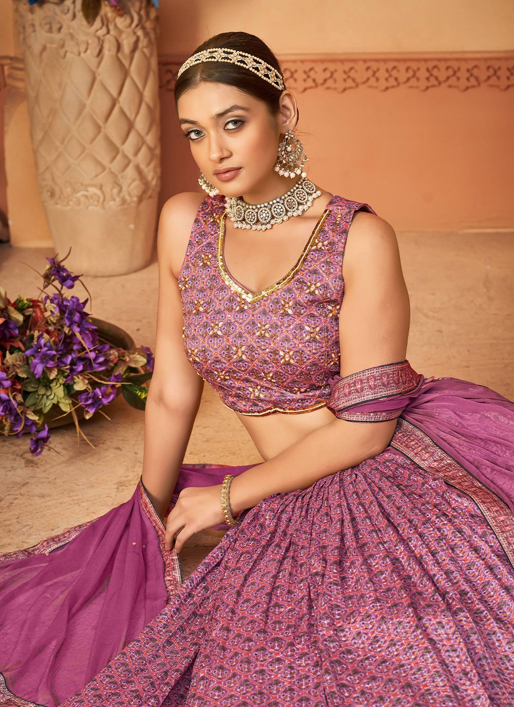 A Line Lehenga Chiffon Purple Digital Print Lehenga Choli