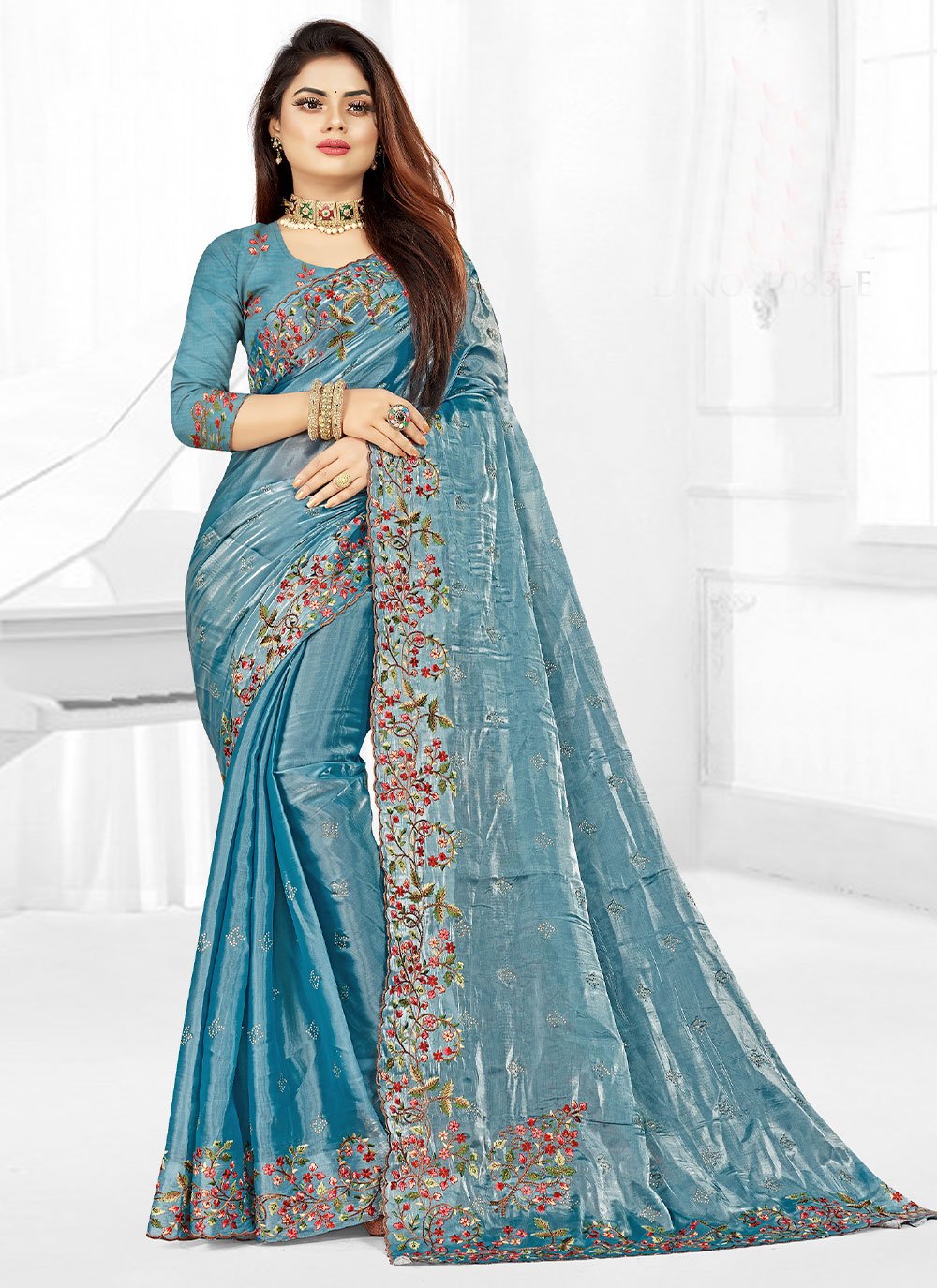 Classic Chiffon Aqua Blue Embroidered Saree