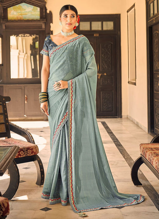 Classic Chiffon Grey Embroidered Saree