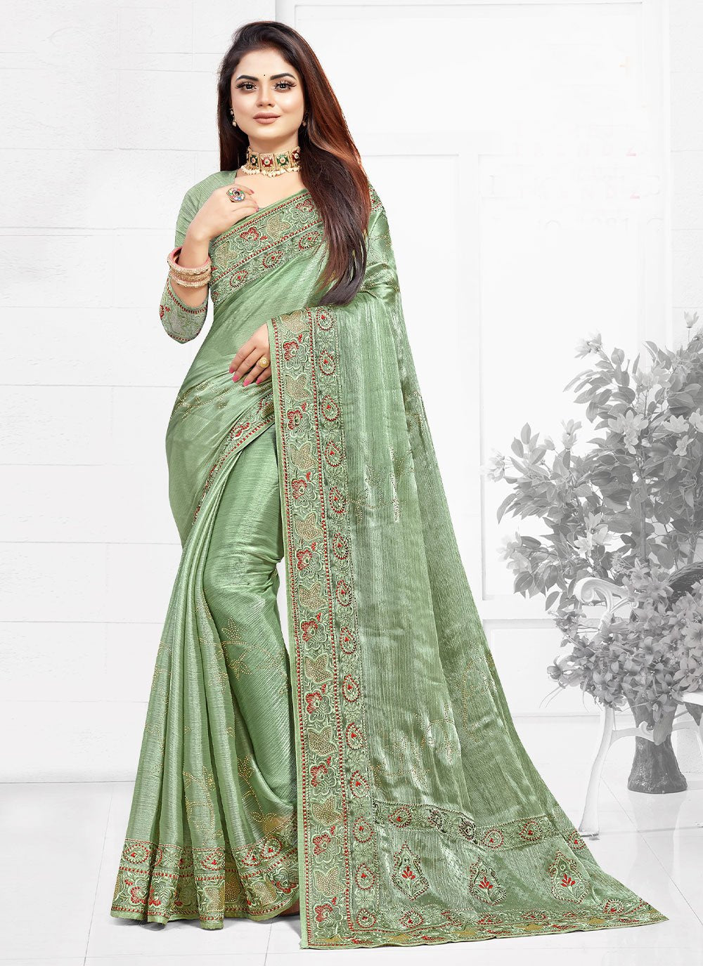 Half N Half Saree Chiffon Green Embroidered Saree