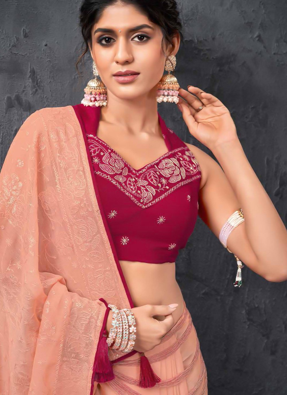 Classic Chiffon Peach Embroidered Saree