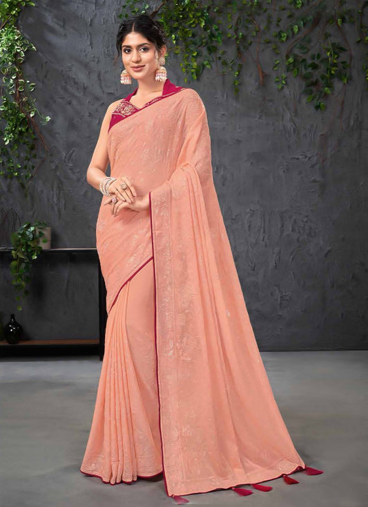 Classic Chiffon Peach Embroidered Saree