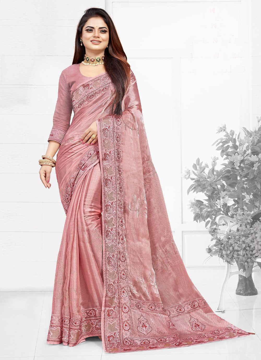 Classic Chiffon Pink Embroidered Saree