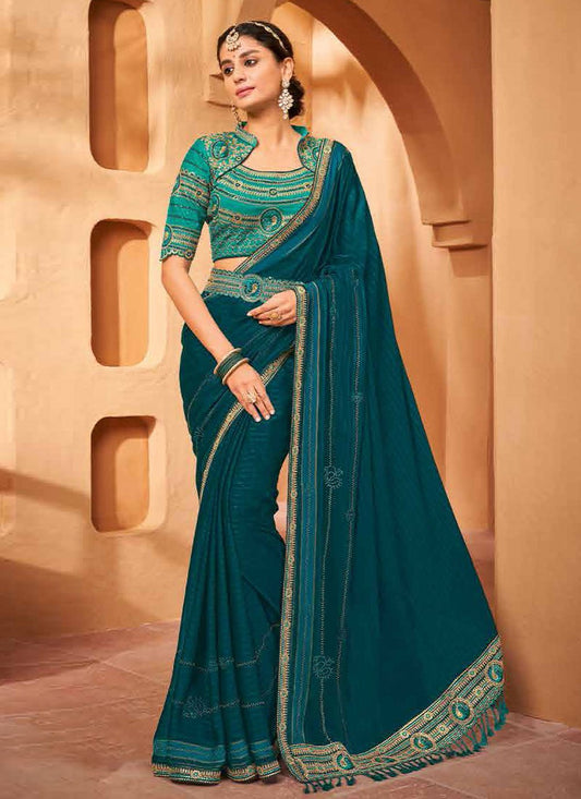 Classic Chiffon Teal Embroidered Saree