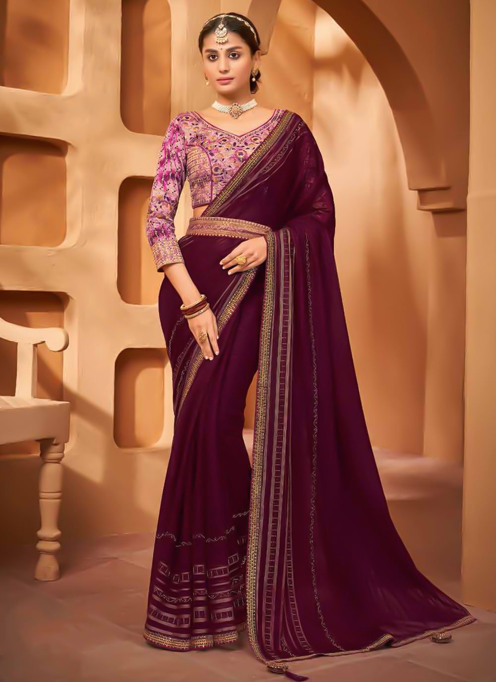 Contemporary Chiffon Purple Embroidered Saree