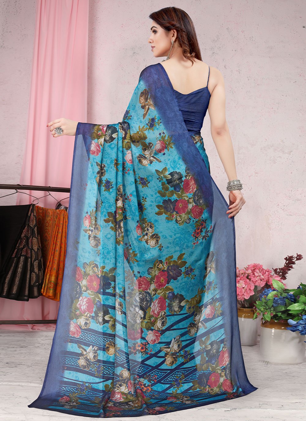 Classic Chiffon Blue Floral Patch Saree