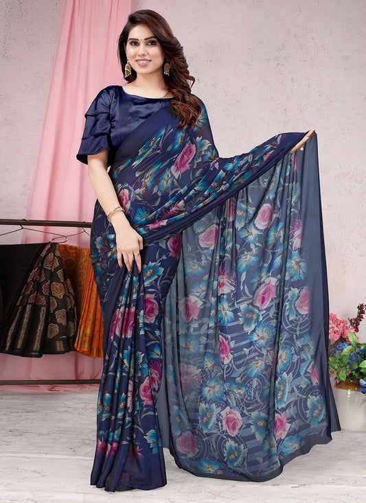 Contemporary Chiffon Blue Floral Patch Saree