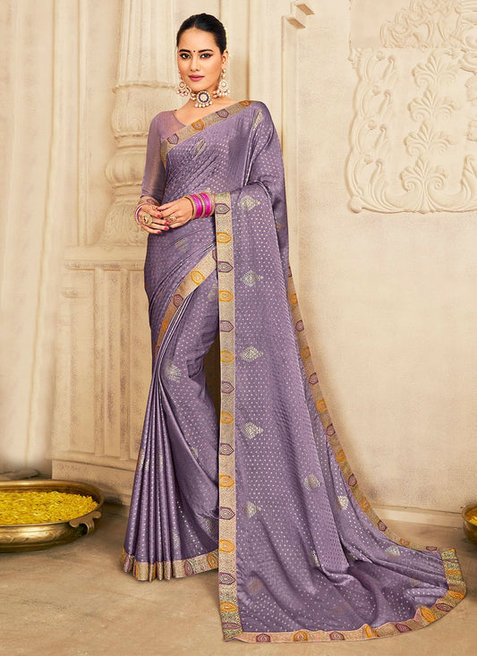 Designer Chiffon Silk Lavender Foil Print Saree