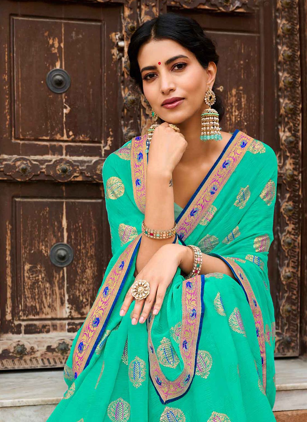 Classic Chiffon Green Foil Print Saree