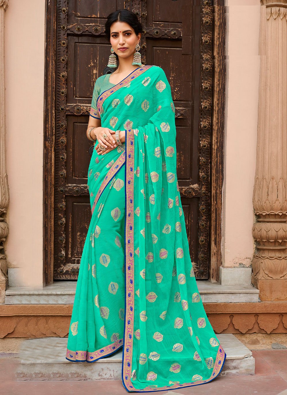 Classic Chiffon Green Foil Print Saree