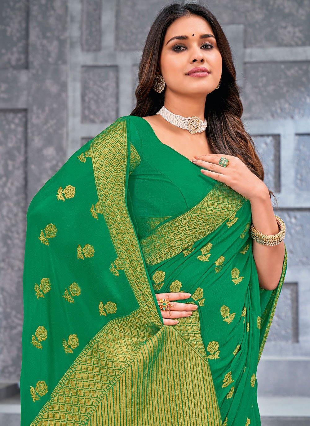 Classic Chiffon Viscose Green Weaving Saree