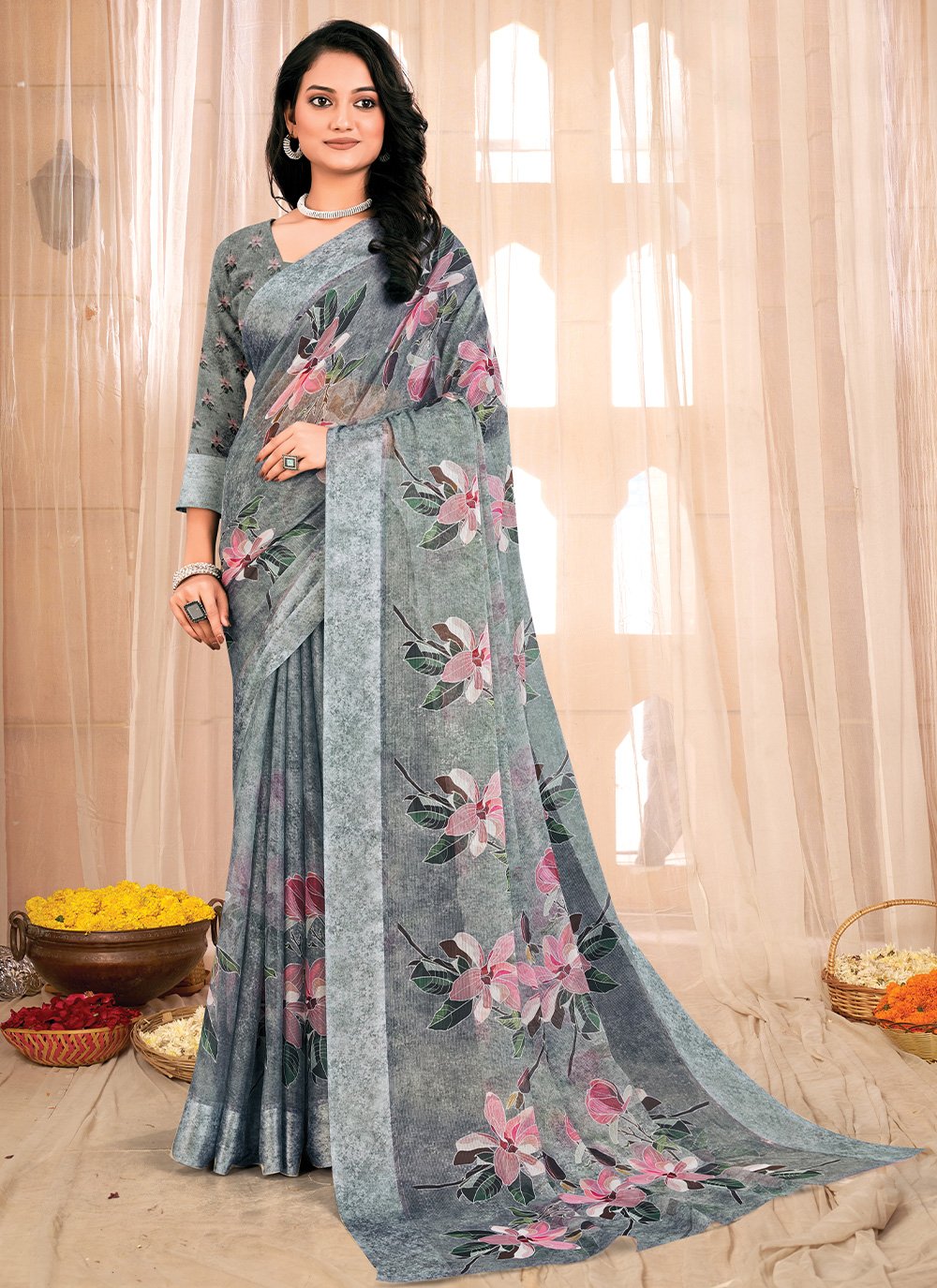 Classic Chiffon Grey Fancy Work Saree