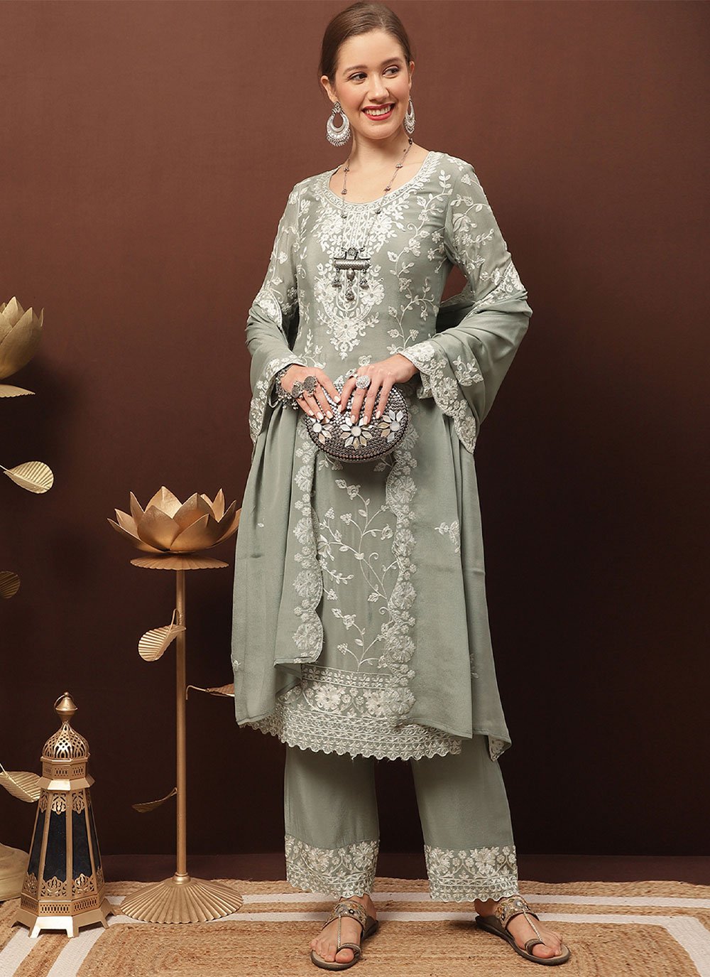 Salwar Suit Chiffon Chinon Grey Crystals Salwar Kameez